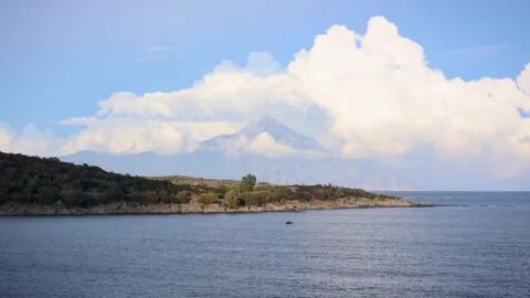 Mount Athos Peak with Spectacular Clouds View from Sea Greece Stock Footage 334241240