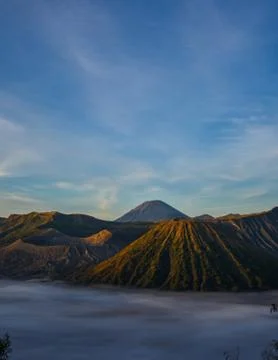 Mount Bromo, is an active volcano and part of the Tengger massif, in East Jav Stock Photos