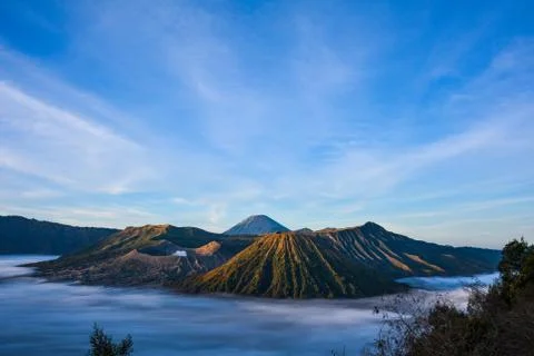 Mount Bromo, is an active volcano and part of the Tengger massif, in East Jav Stock Photos