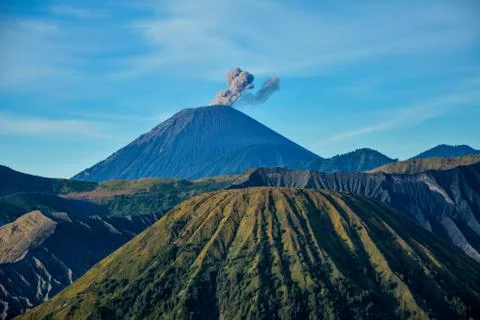Mount Bromo, is an active volcano and part of the Tengger massif, in East Jav Stock Photos