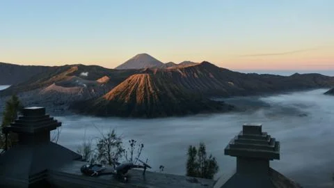 Mount Bromo, is an active volcano and part of the Tengger massif, in East Jav Stock Photos