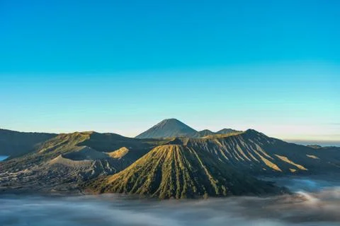 Mount Bromo, is an active volcano and part of the Tengger massif, in East Jav Stock Photos