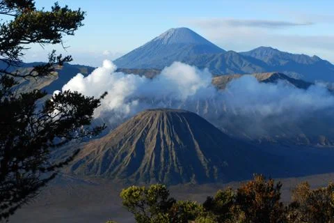 Mount Bromo, active volcano with clear blue sky in East Java, Indonesia. Stock Photos