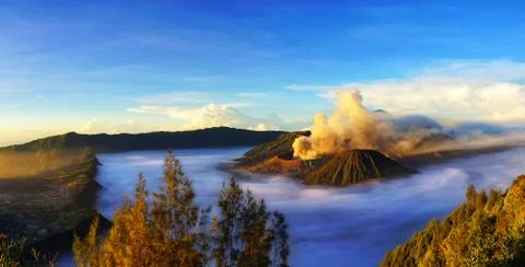 Mount Bromo, active volcano during sunrise. Stock Photos