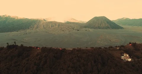 Mount Bromo an aerial 360 view covered with mist at golden hour, Indonesia Stock Footage 93920123