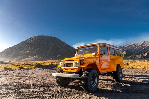 Mount Bromo, East Java, Indonesia - July 02, 2024: A group of jeeps are parke Foto stock