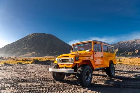 Mount Bromo, East Java, Indonesia - July 02, 2024: A group of jeeps are parke Foto stock