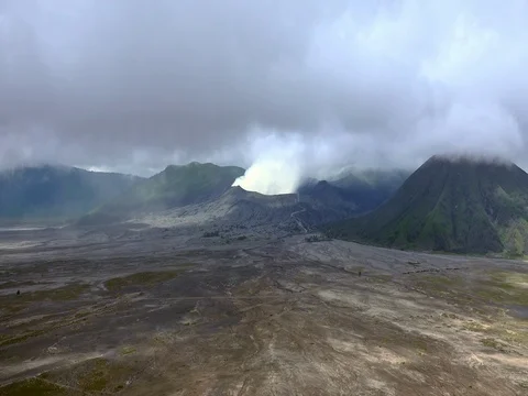 Mount Bromo eruption. East Java, Indonesia. Bird's eye view Stock Footage 73345311