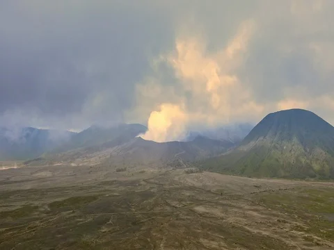 Mount Bromo eruption. East Java, Indonesia. Bird's eye view Stock Footage 74380595