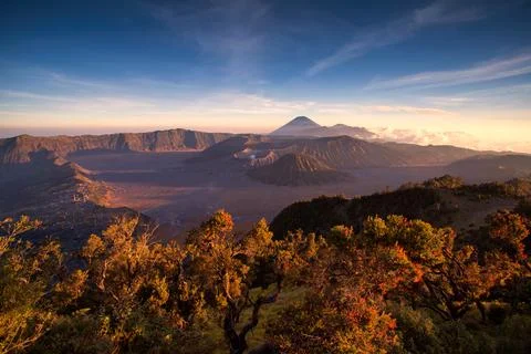 Mount Bromo volcano during sunset 스톡 사진