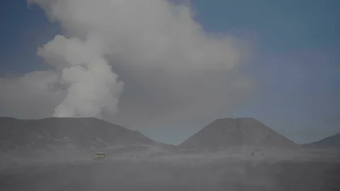Mount Bromo volcano erupting ashes in slow motion, Indonesia Stock Footage 116523612