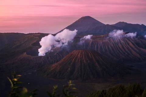 Mount Bromo volcano from viewpoint on Mount Penanjakan at sunsrise. Stock Photos