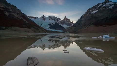 Mount Cerro Torre at sunset. Lake Torre, Patagonia, Argentina Stock Footage 75628822