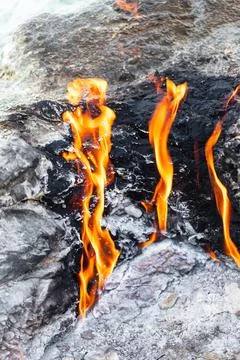 Mount Chimaera, Trkiye. Flames Emanating from Rock Crevice Stock Photos