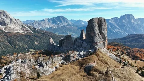 Mount Cinque Torri, drone view. Aerial footage. Stock Footage 226992554