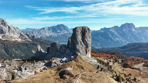 Mount Cinque Torri, drone view. Aerial footage. Stock Footage 226992580
