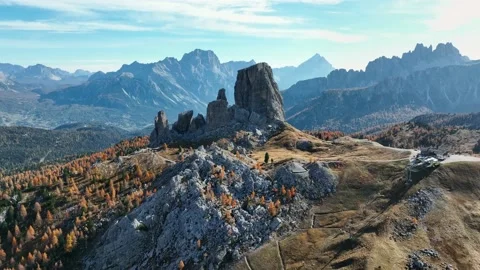 Mount Cinque Torri, drone view. Aerial footage. Stock Footage 226992645