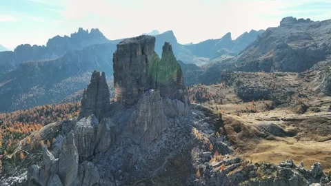 Mount Cinque Torri, drone view. Aerial footage. Stock Footage 226992755