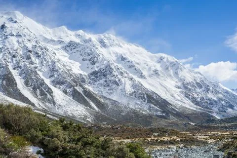 Mount cook covered by snow.View from Hooker Valley track. Stock Photos