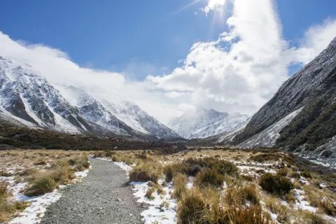 Mount cook covered by snow.View from Hooker Valley track. Stock Photos