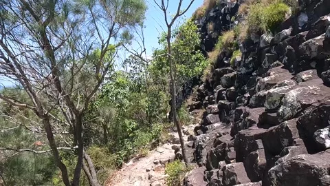 Mount Coolum Summit Trail: steep climb with rock steps and coastal views of.. Stock Footage 295240950