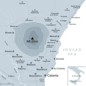 Mount Etna, active stratovolcano in Sicily, Italy, gray political map Stock Illustration