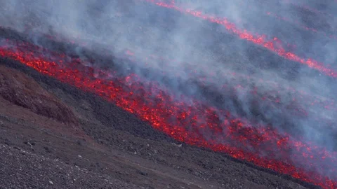 Mount Etna Eruption - Lava flow and ash emission in volcano Etna in Sicily Stock Footage 114627177