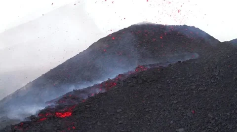 Mount Etna, explosive volcanic eruption with lava flow Stock Footage 53292648
