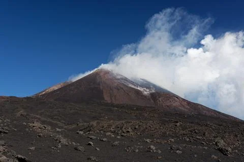 Mount Etna, one of the world's most active volcanoes, in October, currently.. Stock Photos