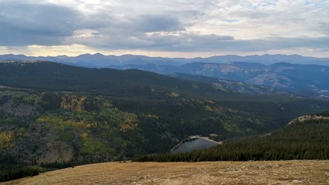 Mount Evans Colorado overlooking Echo Lake Fall Aerial Drone Shot Stock Footage 94745617