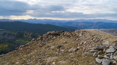 Mount Evans Colorado overlooking Echo Lake Fall Aerial Drone Shot Stock Footage 94745623