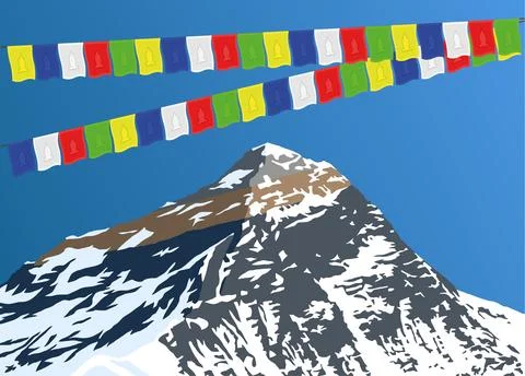 Mount Everest with prayer flags Stock Illustration