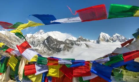 Mount Everest with prayer flags Nepal Himalaya mountain Stock Photos