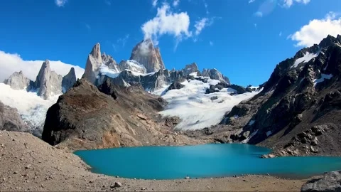 Mount Fitz Roy peaks and turquoise glacial lake in Patagonia Argentina landscape Stock Footage 341993673