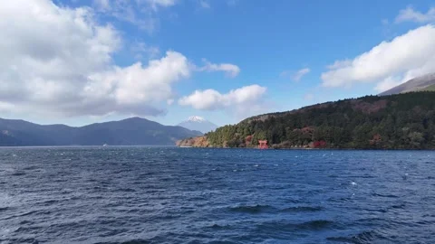 Mount Fuji and Torii Gate | Lake Ashi | Hakone - 4K Aerial Video Video stock 329054505