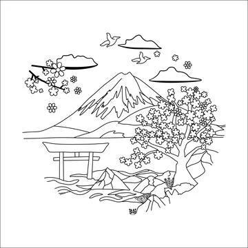 Mount Fuji Embroidery Pattern PDF, Japanese Landscape with Cherry Blossoms 스톡 일러스트