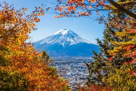 Mount Fuji framed with red maple leaves beautifully in autumn. Foto stock