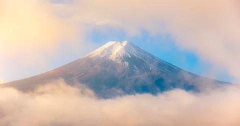 Mount Fuji in mist and clouds on morning at fujiyoshida, Yamanashi. Stock Photos