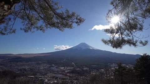 Mount Fuji panoramic view framed by pine trees under bright sun Stock Footage 337945149