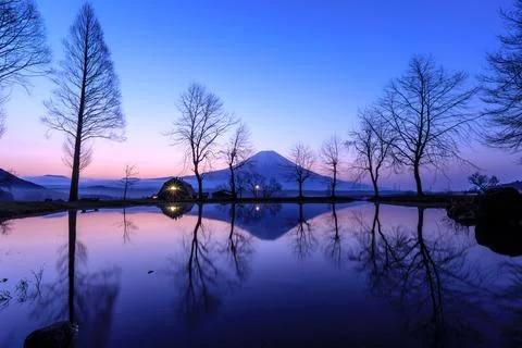 Mount Fuji Reflected In Calm Pond During Blue Hour In Fujinomiya Shizuoka J.. Stock Photos