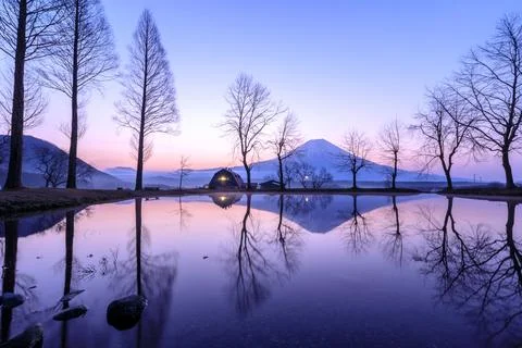 Mount Fuji Reflected In A Tranquil Pond At Sunrise Near Fujinomiya Japan St.. Stock Photos