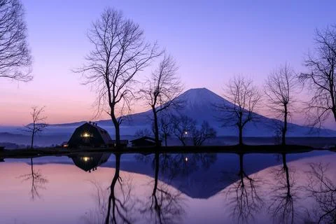 Mount Fuji Reflection In Tranquil Lake At Dusk In Fujinomiya Japan Wide Shot Photos