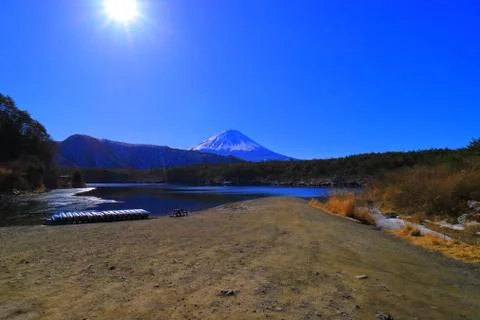 Mount Fuji from the root ground beach of Lake Sai Japan Stock Photos