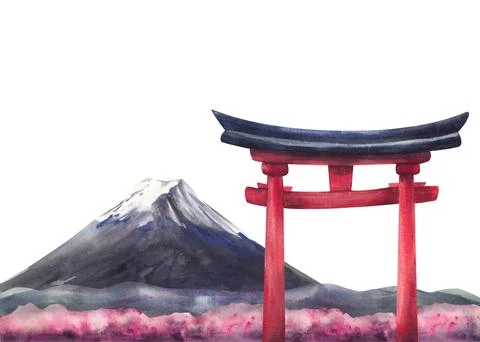 Mount Fuji, Torii gate and blooming pink sakura landscape. Hand painted wat.. Stock Illustration