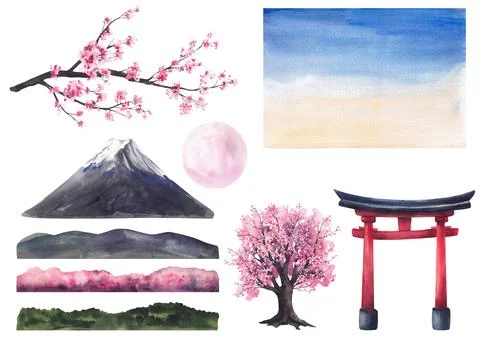 Mount Fuji, torii gate, sakura tree, cherry blossom branch, hills, sky and .. Stock Illustration
