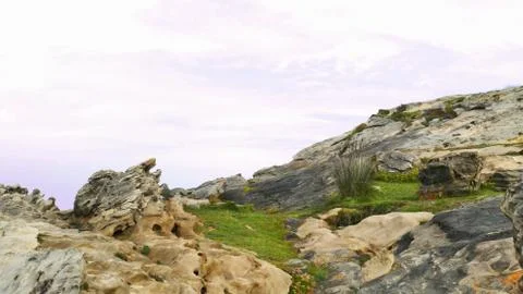 Mount with grass and limestone on the coast of the sea Stock Photos