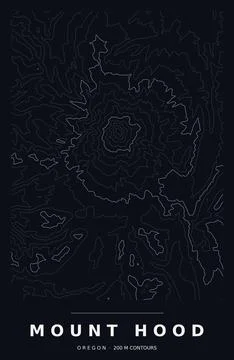Mount Hood Topographic Contour Map, White Lines on Black, Editable Vector Stock Illustration