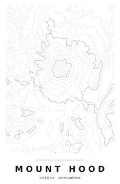 Mount Hood Topographic Contour Map, Black Lines on White, Editable Vector Stock Illustration