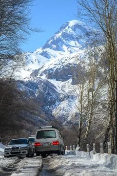 Mount Kazbek, one of the highest peaks of Caucasus mountain range, near the.. Stock Photos