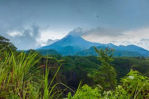 Mount Merapi from a close distance with rows of clouds around it Fotos Stock